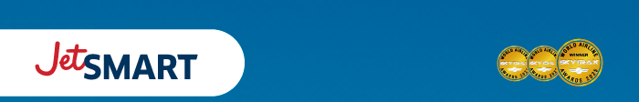 JetSMART airline logo on a blue gradient background with two gold award badges