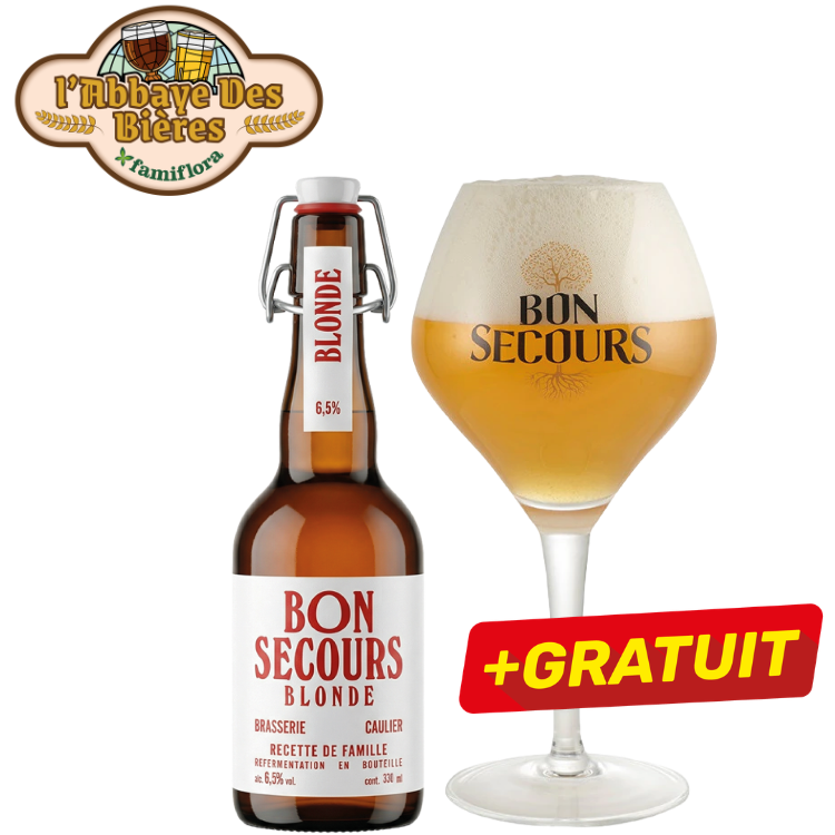 Bon Secours Blonde bottle and tulip glass with frothy head, +GRATUIT promo sticker and l'Abbaye des Bières logo
