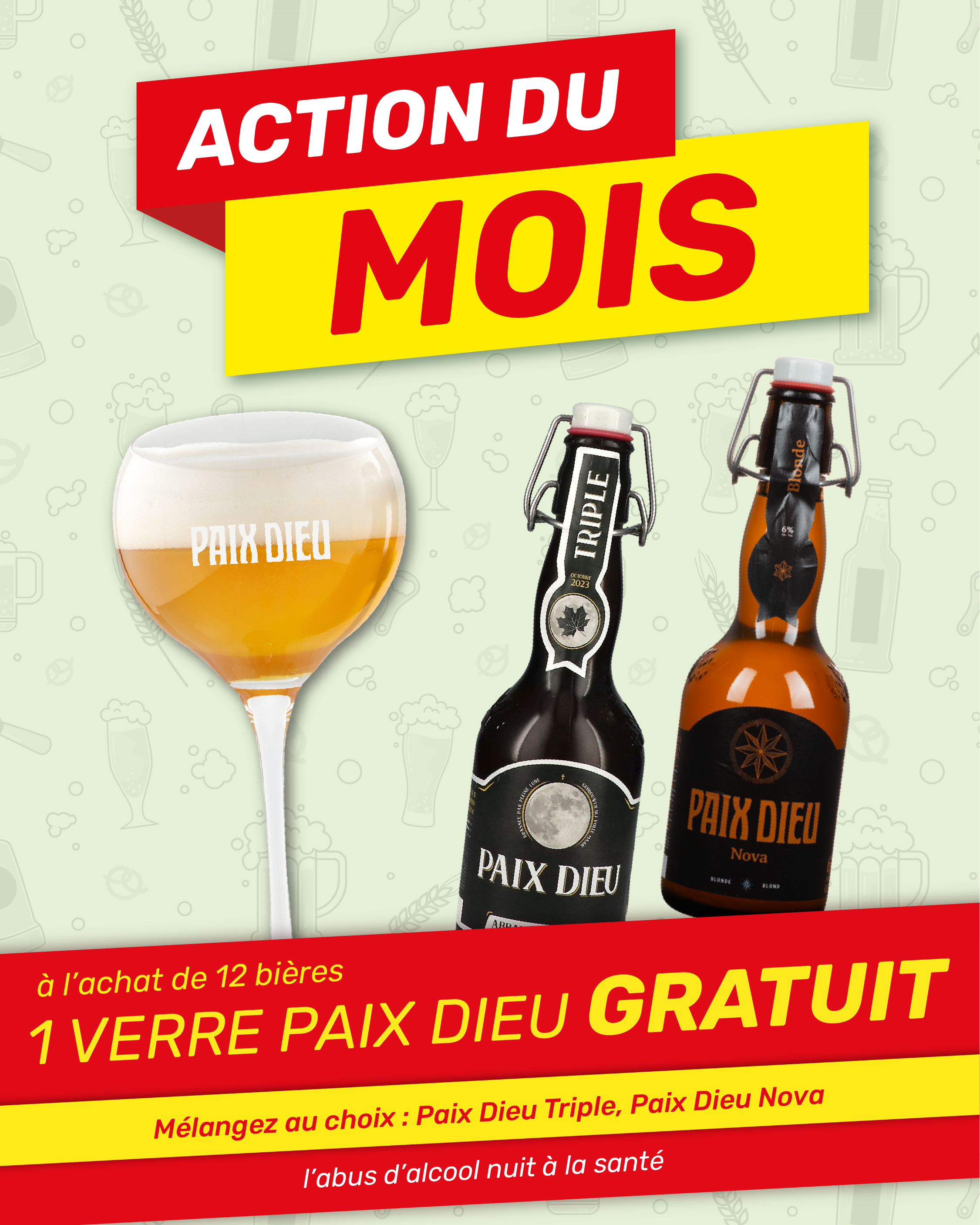 Promotional poster of Paix Dieu beer: glass and two bottles (Triple and Nova) with 'Action du Mois' banner offering a free glass