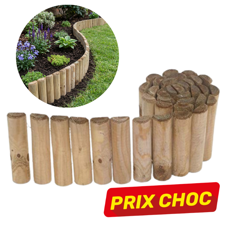 Rolled wooden garden edging logs forming a curved timber border between lawn and flowerbed, easy-install