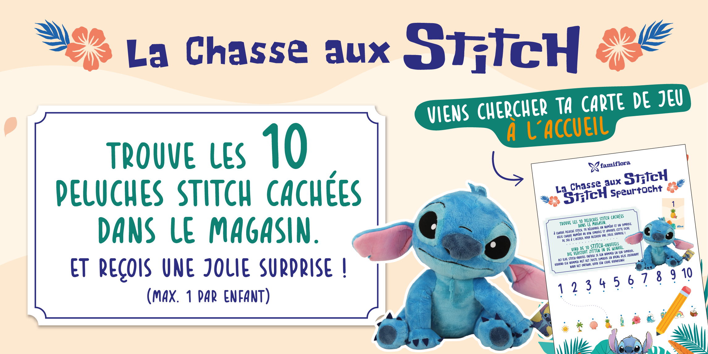 Promotional poster for Stitch plush hunt: blue Stitch toy beside sign 'Find the 10 hidden Stitch plush toys in the shop' and a game card