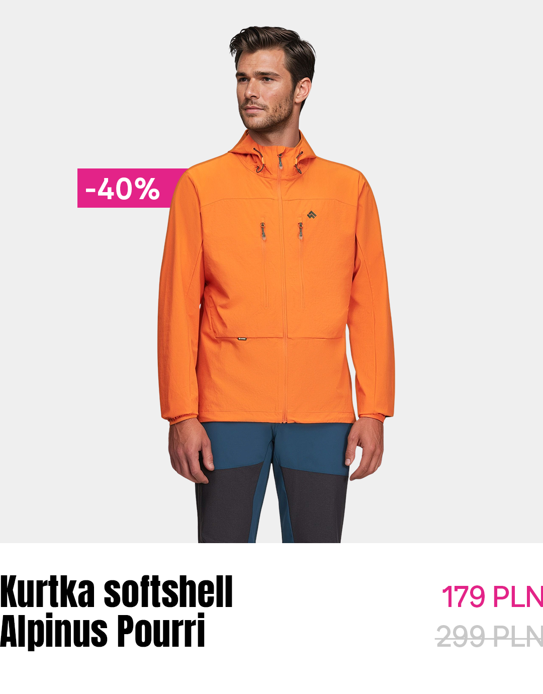 Male model wearing orange Alpinus Pourri softshell jacket with hood and zipped chest pockets, -40% discount tag