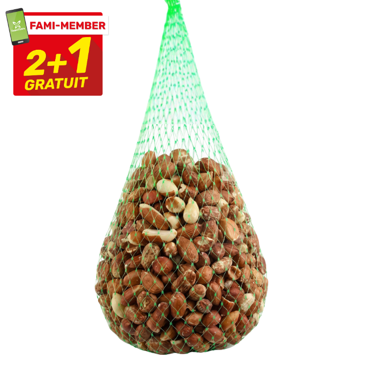 Green mesh bag of peanuts with some kernels visible, promotional red 'FAMI-MEMBER 2+1 gratuit' badge at the top-left