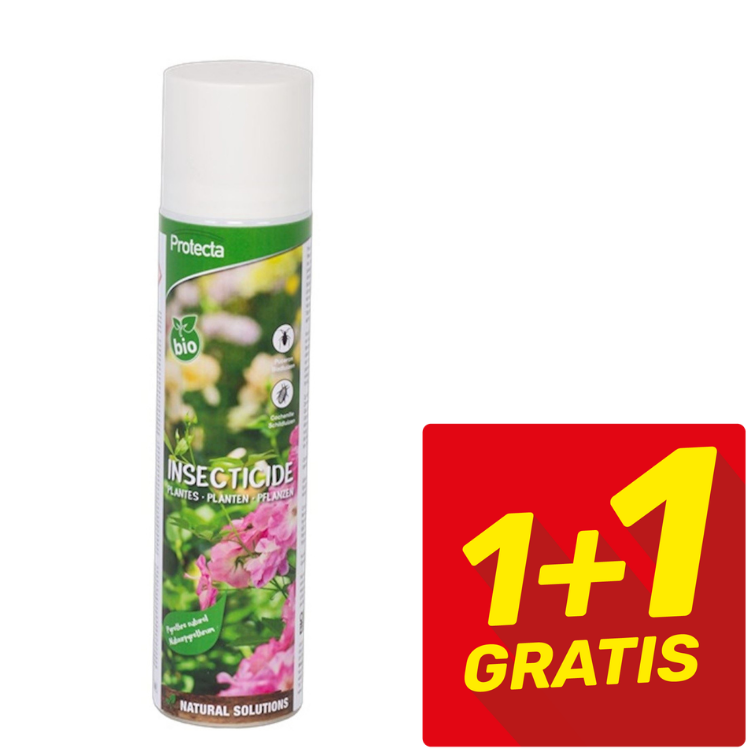 Can of Protecta bio plant insecticide aerosol with pink flowers on label and red 1+1 gratis offer badge