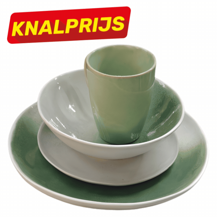 Grid of nine ceramic cup, bowl and plate sets in green and black with red "KNALPRIJS" sale labels