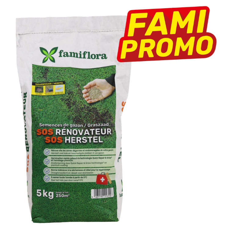 Bag of Famiflora 5kg SOS Rénovateur lawn seed for repair and overseeding, green packaging with hand-sowing image and 'FAMI PROMO' sticker