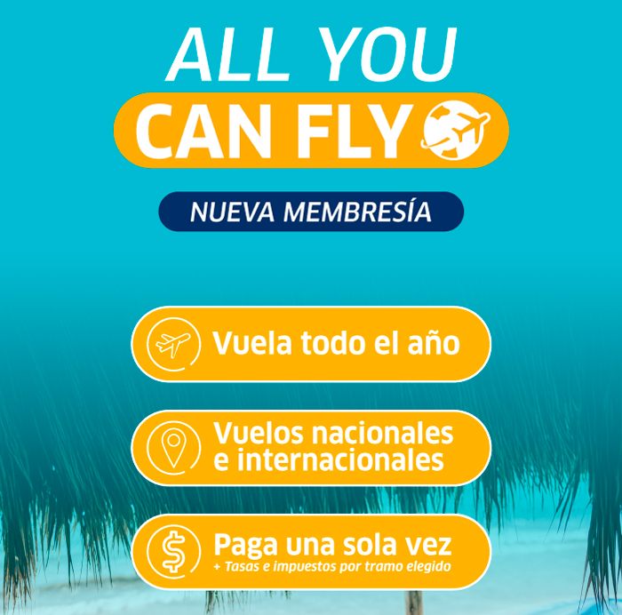 Turquoise promotional poster reading 'ALL YOU CAN FLY' with Spanish membership details about year‑round national and international flights