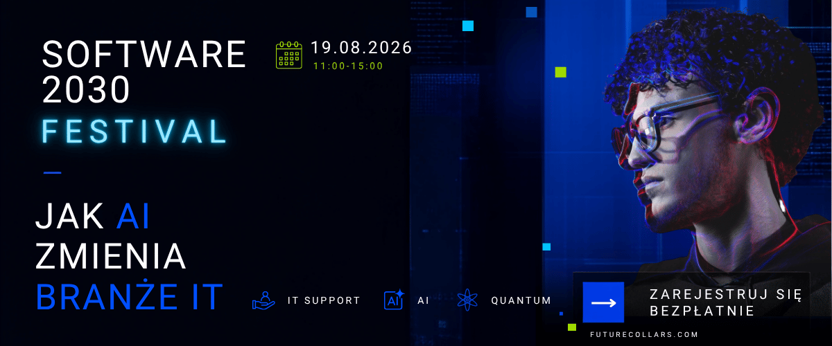 Software 2030 Festival banner 19.08.2026 (11:00–15:00), young man in glasses, AI and quantum tech motifs, Polish 'register free' call