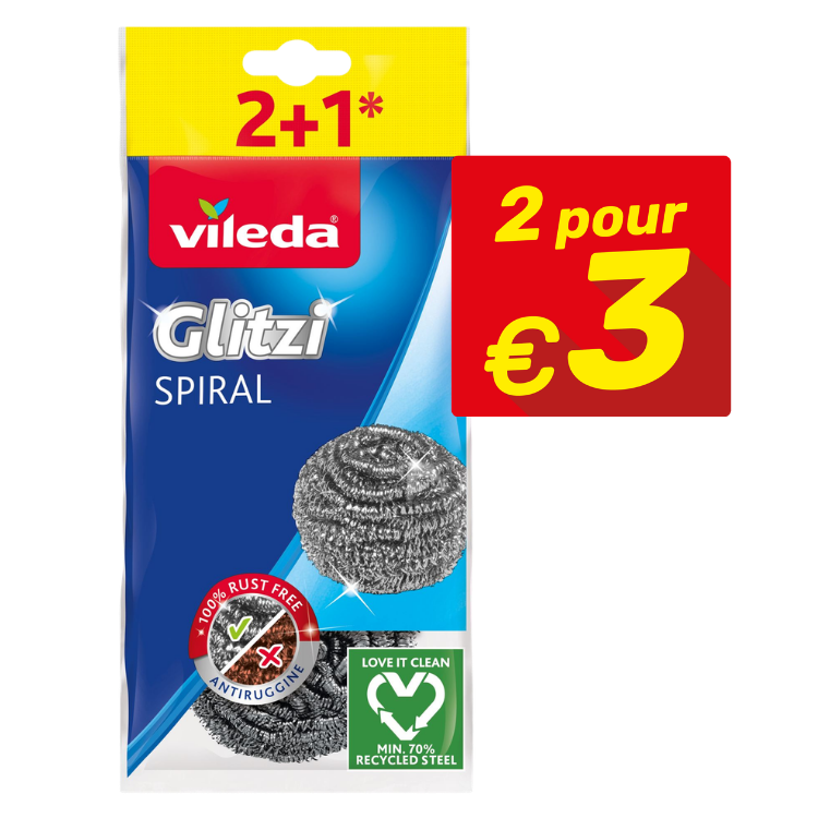 Vileda Glitzi Spiral steel scourer pack (2+1 offer) in blue packaging showing recycled-steel label and red '2 for €3' price sticker