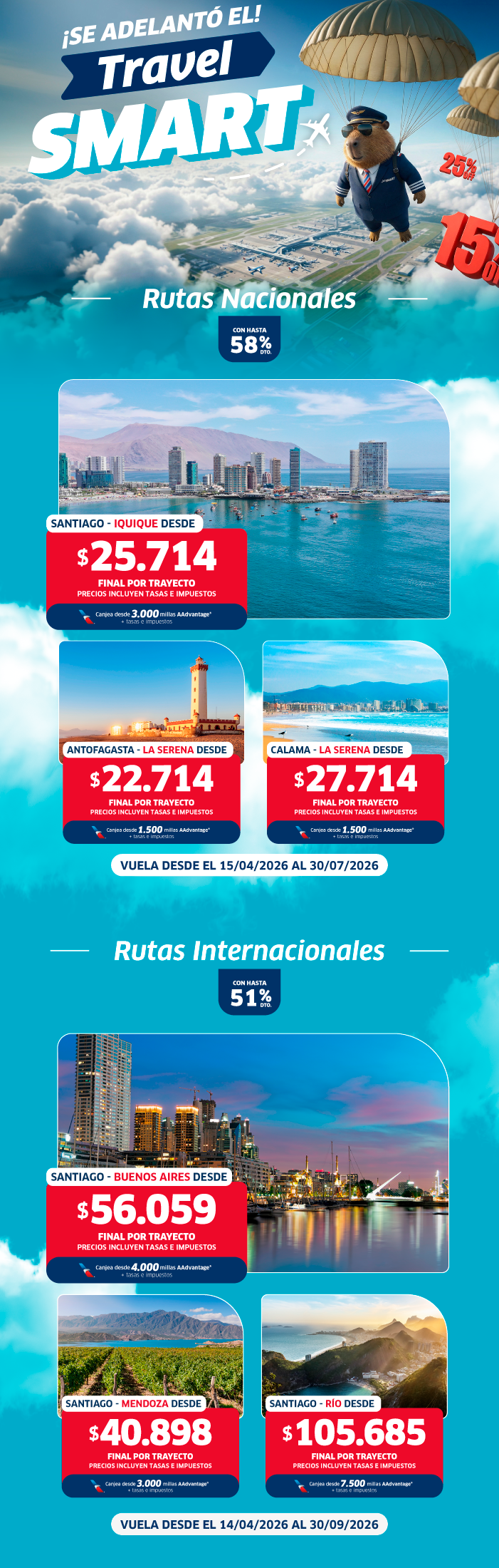 Travel Smart promotional poster showing a parachuting mascot over clouds, discounted national and international flight routes with city skyline thumbnails and price tags