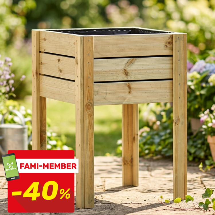 Tall wooden raised planter on legs in sunlit garden with greenery; red "FAMI-MEMBER -40%" sale badge in lower-left