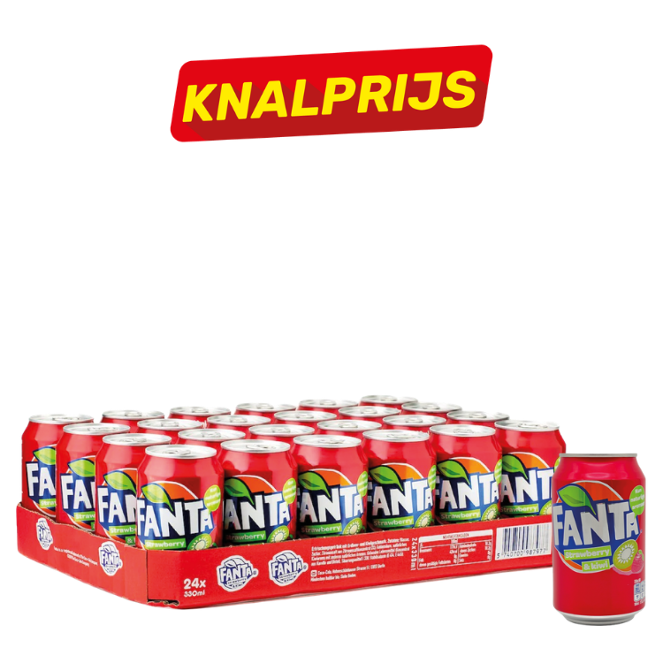 Tray of 24 red Fanta Strawberry & Lime 330ml cans with promotional "KNALPRIJS" banner