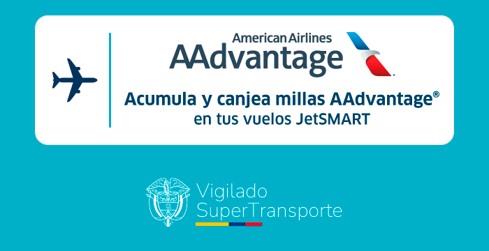 American Airlines AAdvantage logo with text: Earn and redeem AAdvantage miles on JetSMART flights; regulator seal