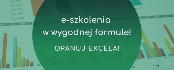 Green circular banner over spreadsheet charts with Polish text promoting e-szkolenia — 'Opanuj Excela' (online Excel course)
