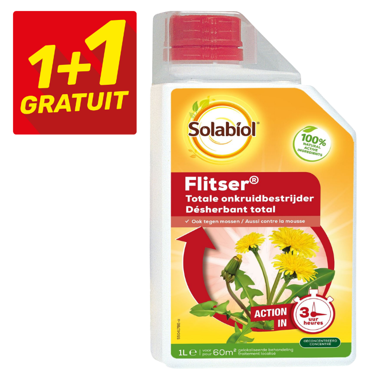 Solabiol Flitser total weedkiller 1L concentrated bottle with 1+1 free label, action in 3 hours, 100% natural active ingredients
