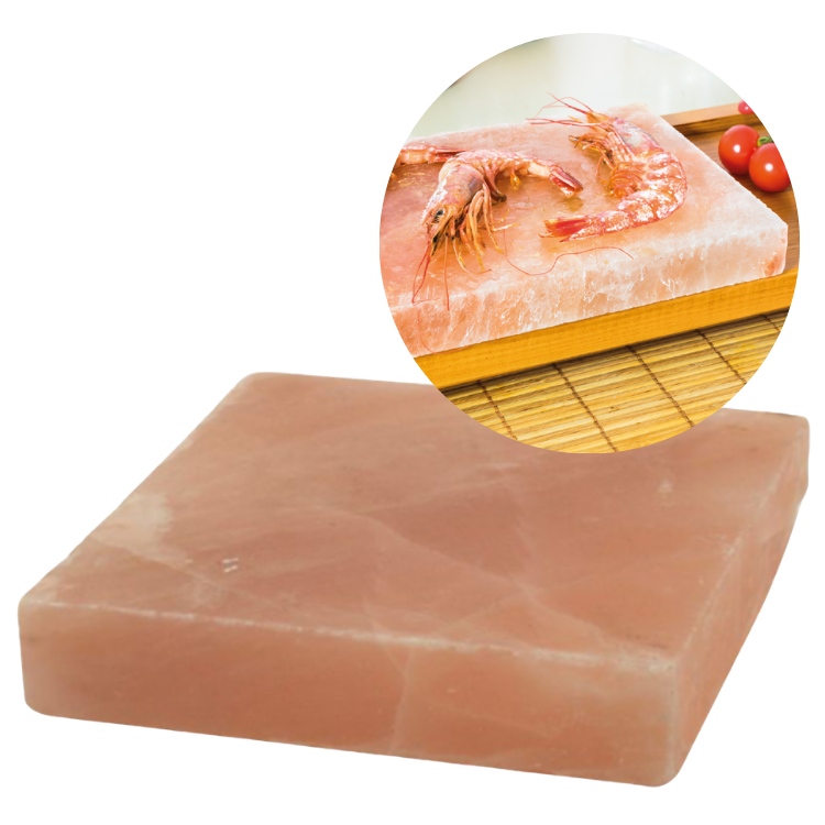 Himalayan pink salt cooking block on wooden base with raw prawns on top (inset) — natural salt grilling slab