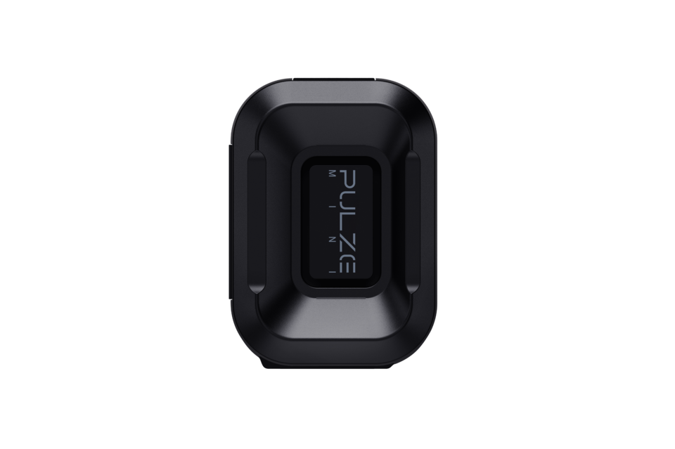 Top view of a compact black Pulze Mini device with central rectangular display on white background
