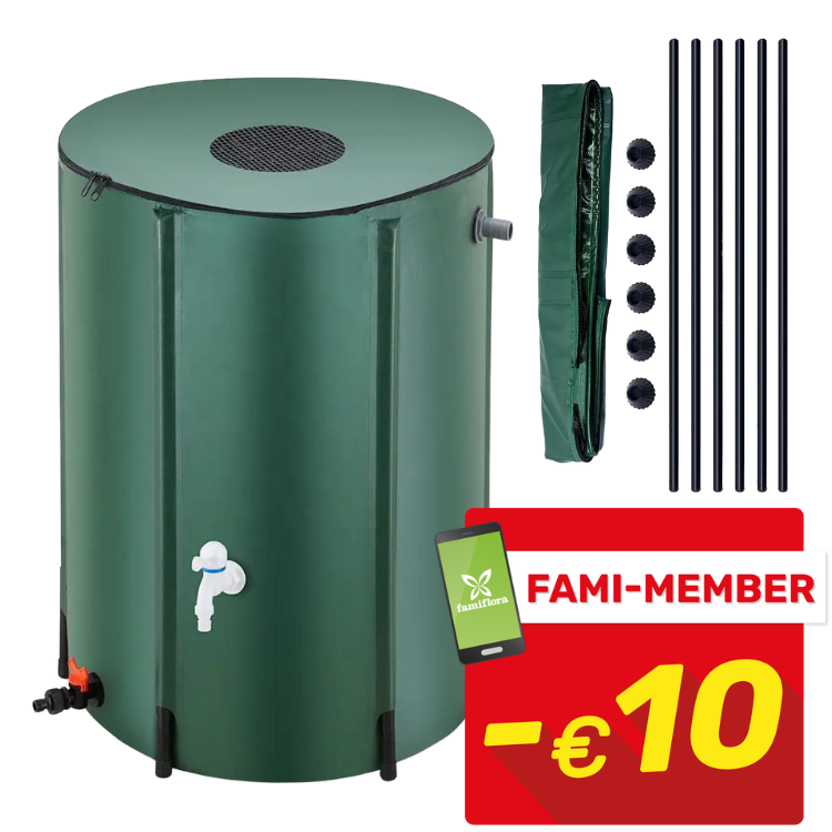 Green cylindrical rain barrel water butt with mesh lid, front tap and spigot, support legs, pole kit and carry bag, member discount badge