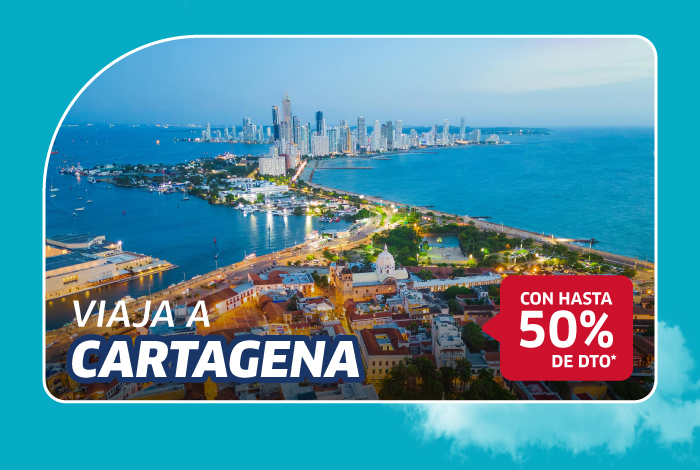 Aerial dusk view of Cartagena, Colombia coastline and skyline, showing historic old town, modern towers and a red promo badge reading 'Con hasta 50% de dto'.