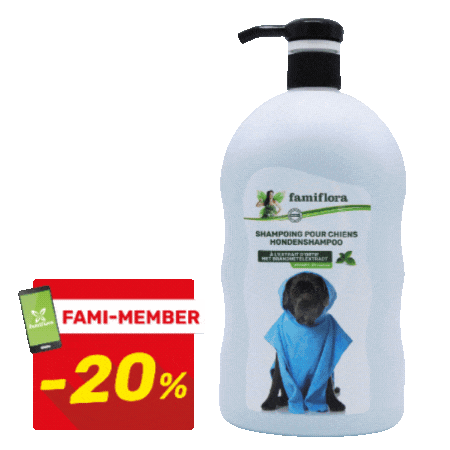 Three white pump bottles of pet shampoo featuring dog photos and red 'FAMI-MEMBER -20%' discount labels
