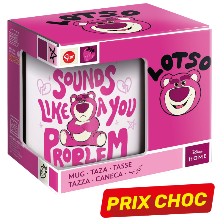 Boxed Disney Lotso pink ceramic mug with 'Sounds Like You A Problem' slogan and Lotso bear illustration in gift packaging with Prix Choc sticker