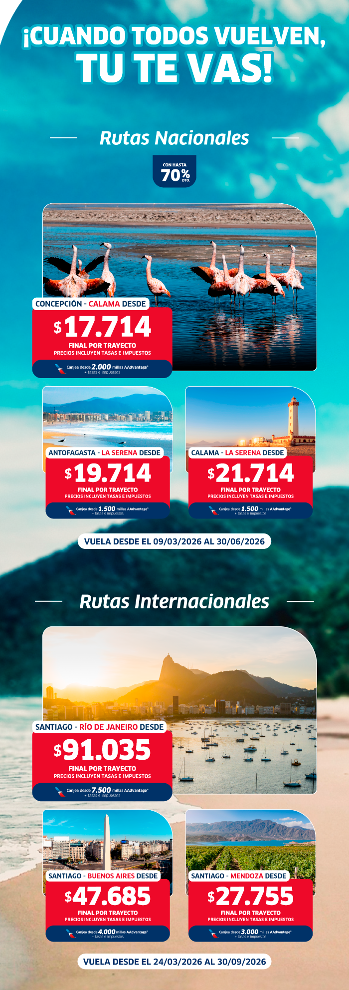 Promotional poster for flight deals from Chile — domestic and international routes with beach and flamingo images and price tags