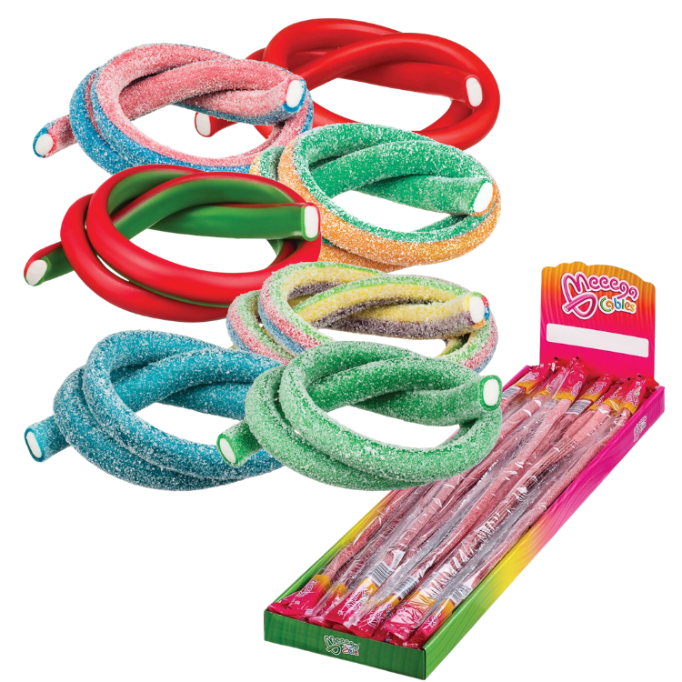 Colourful sour sugar-coated candy ropes in mixed flavours, twisted rings and boxed display of long pink candy sticks