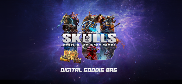 Warhammer Skulls Festival of Video Games logo showing characters and creatures in a skull-shaped collage on a purple cosmic background, 'Digital Goodie Bag' text