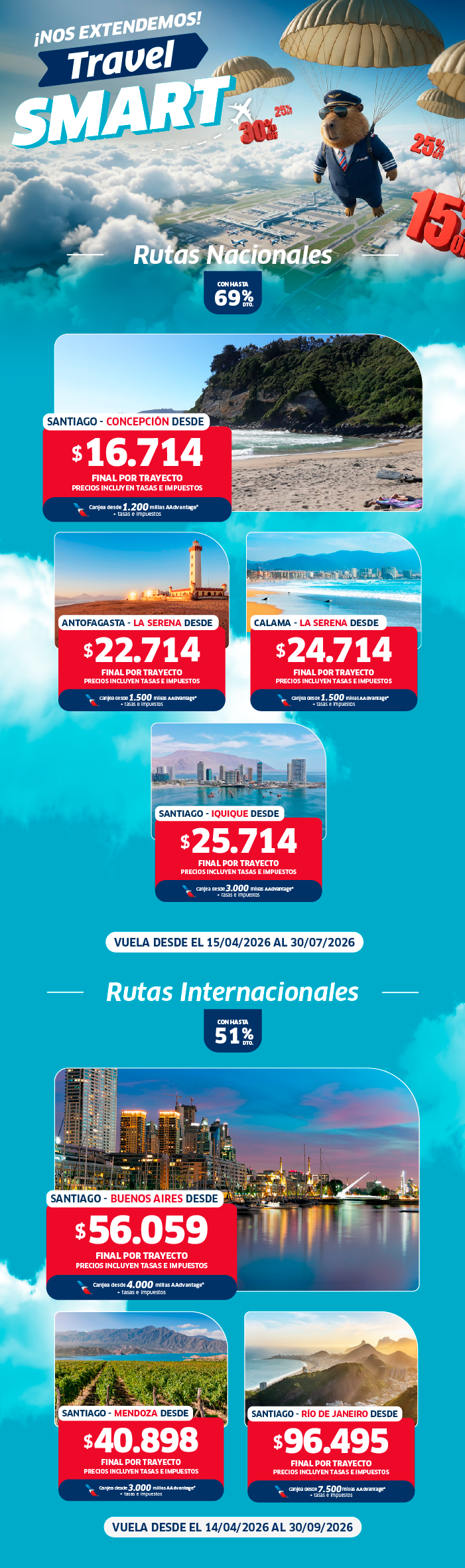 Colourful Travel Smart promotional banner with parachuting mascot, national and international route photos, prices and discount offers