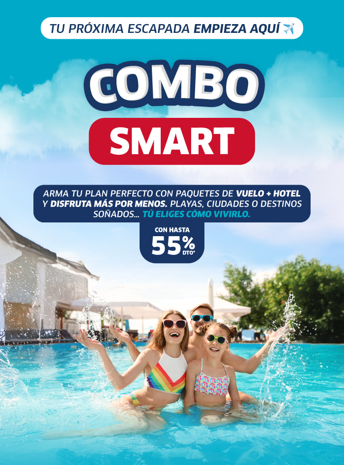 Family of three splashing in a resort pool with sunglasses — joyful summer holiday scene promoting 'Combo Smart' flight+hotel packages