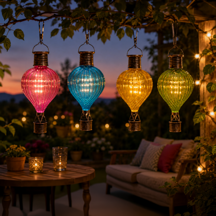 Four colourful hot-air-balloon shaped hanging solar lanterns (pink, blue, yellow, green) glowing over a cosy garden patio at dusk