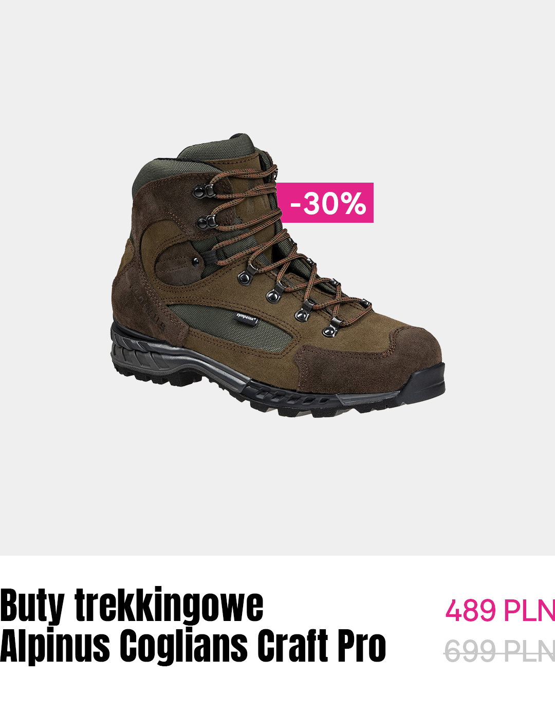 Alpinus Coglians Craft Pro men's brown-green trekking boot in suede and mesh on white background, durable sole, -30% sale label