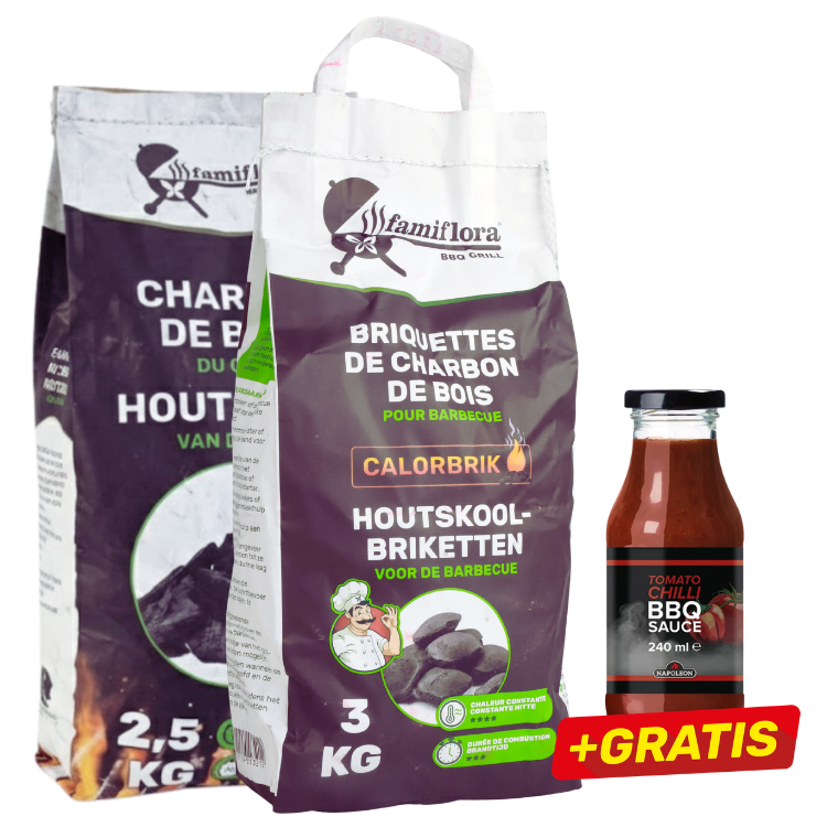 Two bags of wood charcoal briquettes (3 kg and 2.5 kg) for barbecue, with free 240 ml tomato chilli BBQ sauce bottle