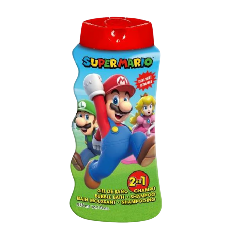 Super Mario 2-in-1 bubble bath and shampoo bottle with colourful Mario, Luigi and Princess Peach artwork, red flip-top cap