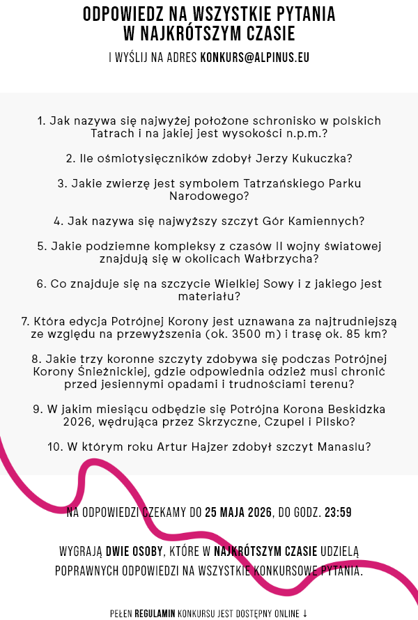 Polish mountain-quiz contest poster listing 10 questions about Tatra peaks, deadline 25 May 2026, email konkurs@alpinus.eu