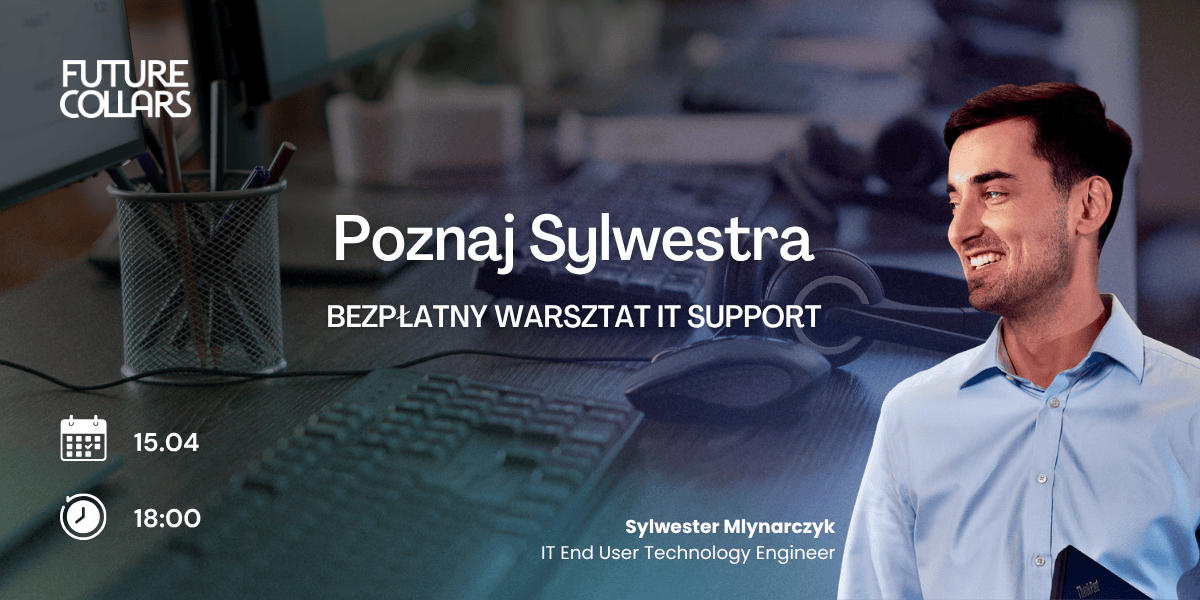 Smiling IT support engineer by keyboard and headset, promotional banner for a free IT support workshop on 15 April at 18:00