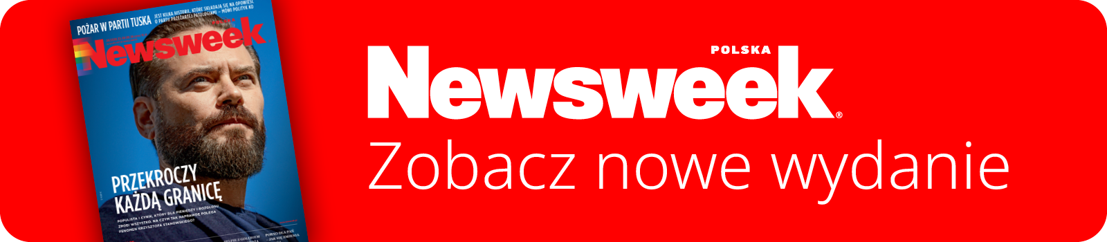 Okładka Newsweek Polska z dużym logo, napisem „Zobacz nowe wydanie” i portretem brodatego mężczyzny na niebieskim tle