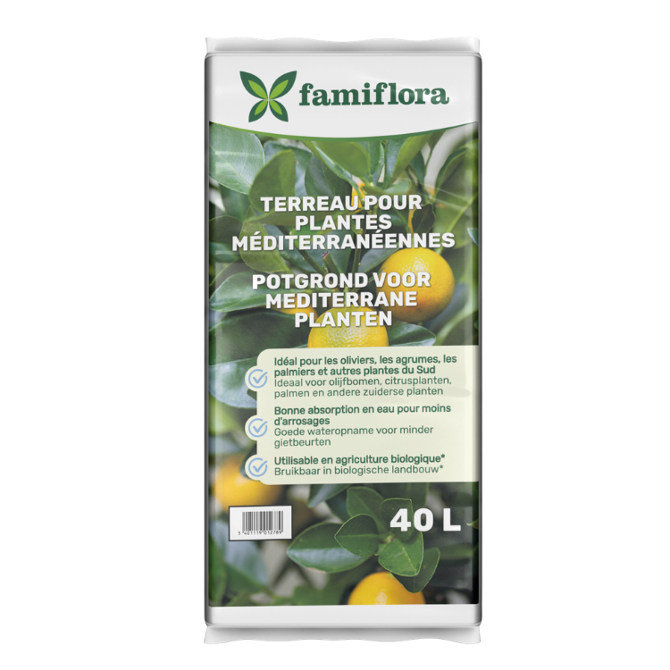 Famiflora 40 L bag of Mediterranean potting compost for olive, citrus and palm plants, packaging showing citrus leaves and fruit