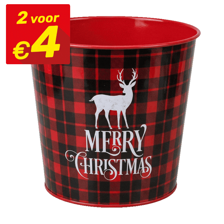 Nine Christmas-themed decorative metal buckets in a 3x3 grid, assorted designs (Santa, snowman, plaid, poinsettia), red interiors and yellow price labels