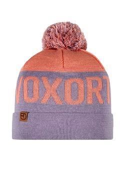 Two-tone knitted pompom beanie in peach and lilac with folded cuff, bold woven lettering and small leather logo patch