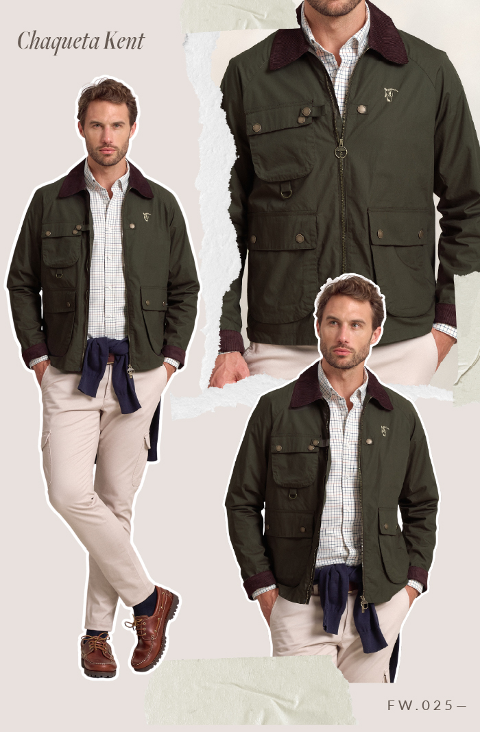 Chaqueta Kent de La Garrocha en color verde musgo, diseño encerado multibolsillos para hombre, perfecta para entretiempo con estilo clásico.
