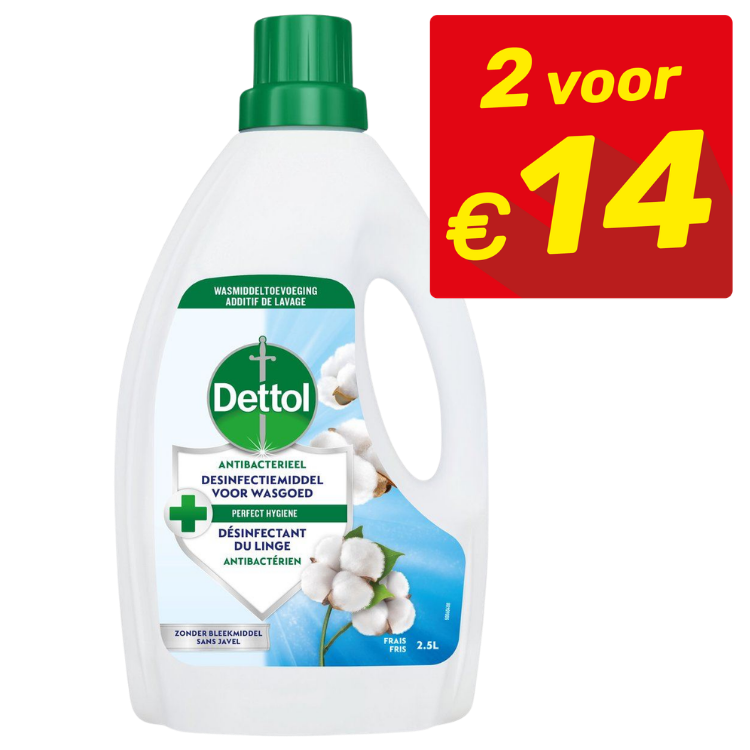 Dettol antibacterial laundry disinfectant 2.5L bottle with cotton image and red price sticker reading '2 voor €14'