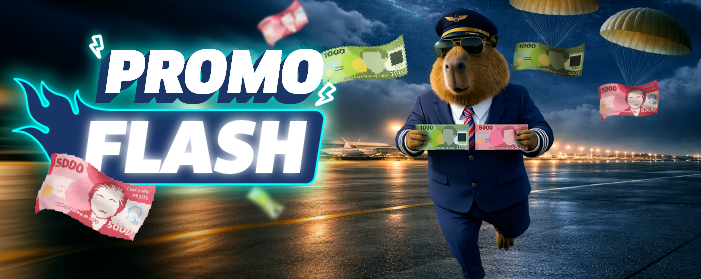 Promo Flash banner: anthropomorphic capybara pilot in uniform holding banknotes on night airport runway with parachuting money