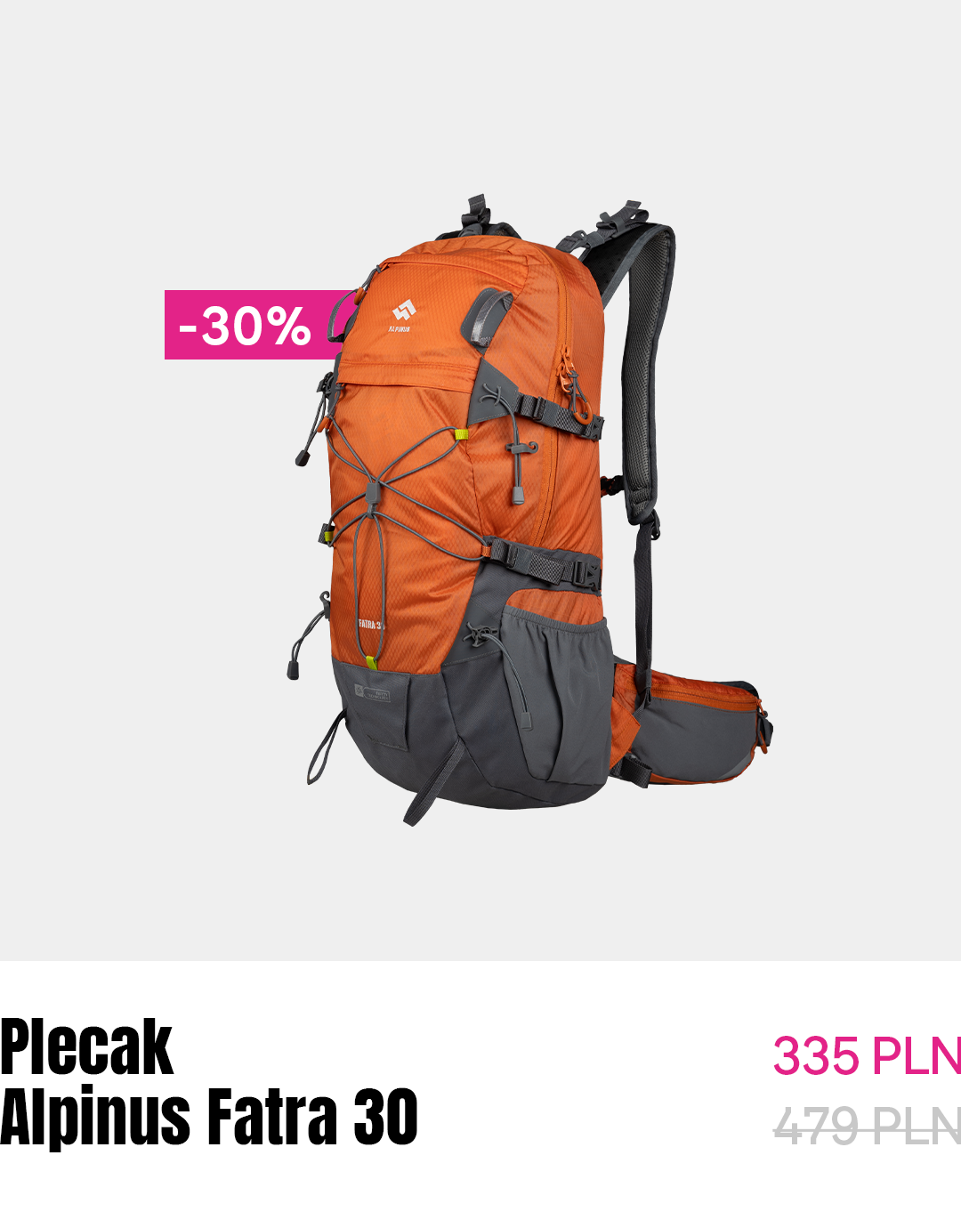 Orange and grey Alpinus Fatra 30 hiking rucksack with adjustable straps, hip belt and external pockets on white background (30% off)
