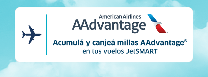 AA AAdvantage logo with Spanish text 'Acumulá y canjeá millas AAdvantage en tus vuelos JetSMART' over sky background
