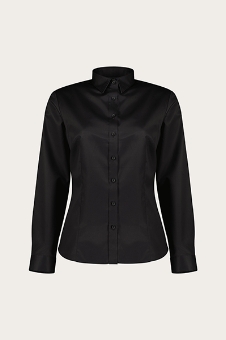 Black fitted long-sleeve women's collared button-up shirt on neutral background