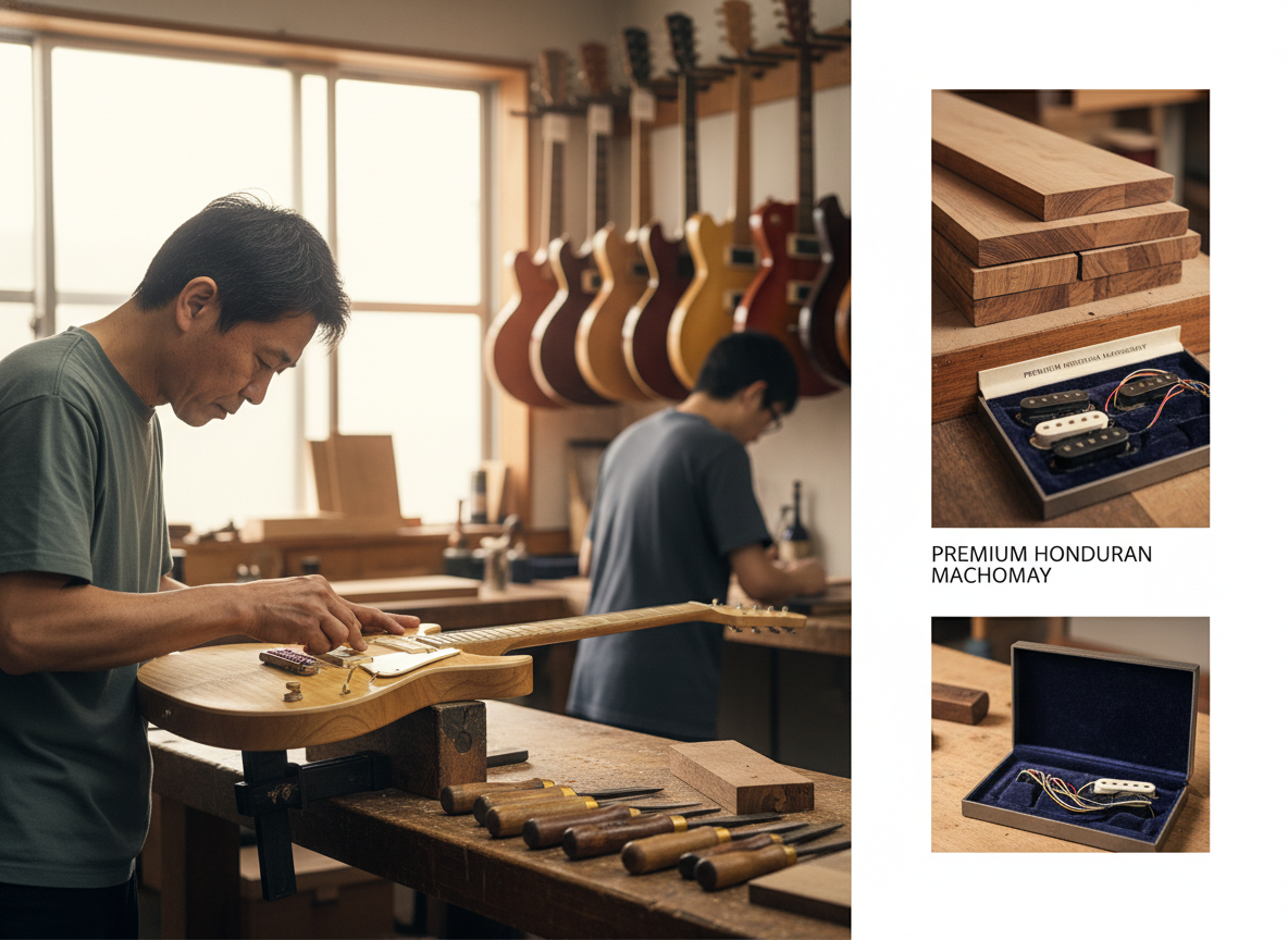 Luthier in a workshop hand-adjusting an electric guitar on a bench, with hanging guitars, wood blanks and pickups nearby