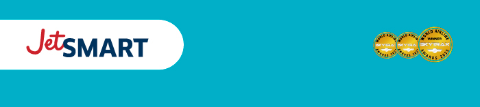 JetSMART logo on turquoise banner with three circular gold award badges at the right