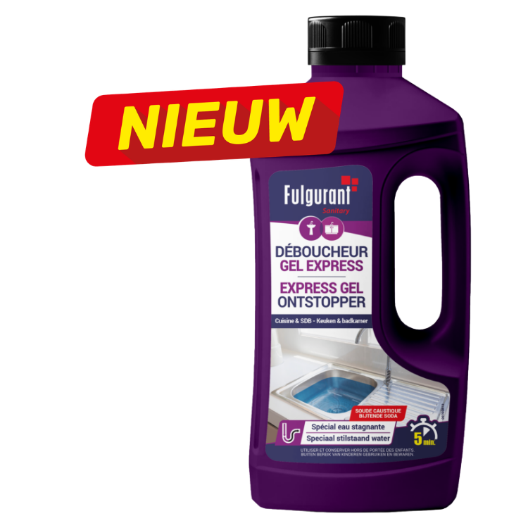 Purple Fulgurant Express Gel drain unblocker bottle for kitchen and bathroom with 'NIEUW' new product banner