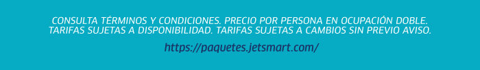 Turquoise banner showing Spanish booking terms disclaimer and the URL https://paquetes.jetsmart.com/